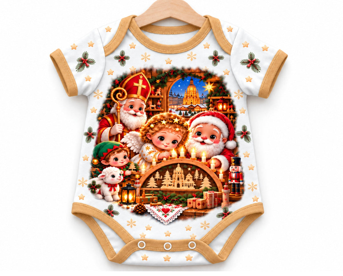 Christkind im Dresdner Schwibbogenlicht Weihnachts Baby Body inkl. Name (Druck) – Am Bügel, Vorderseite