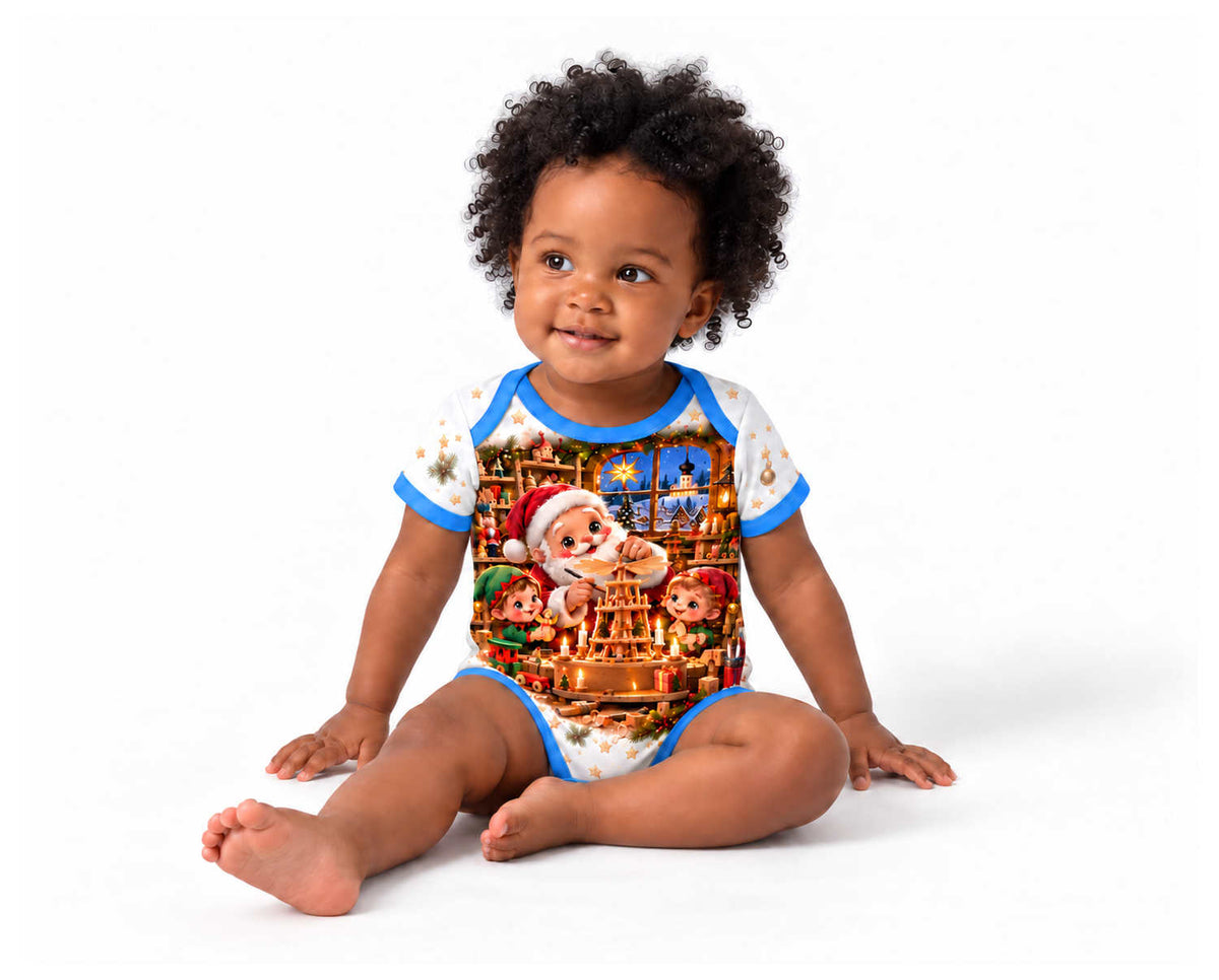 Weihnachtsmann an der Pyramide im Erzgebirgsdorf Weihnachts Baby Body inkl. Name (Druck)