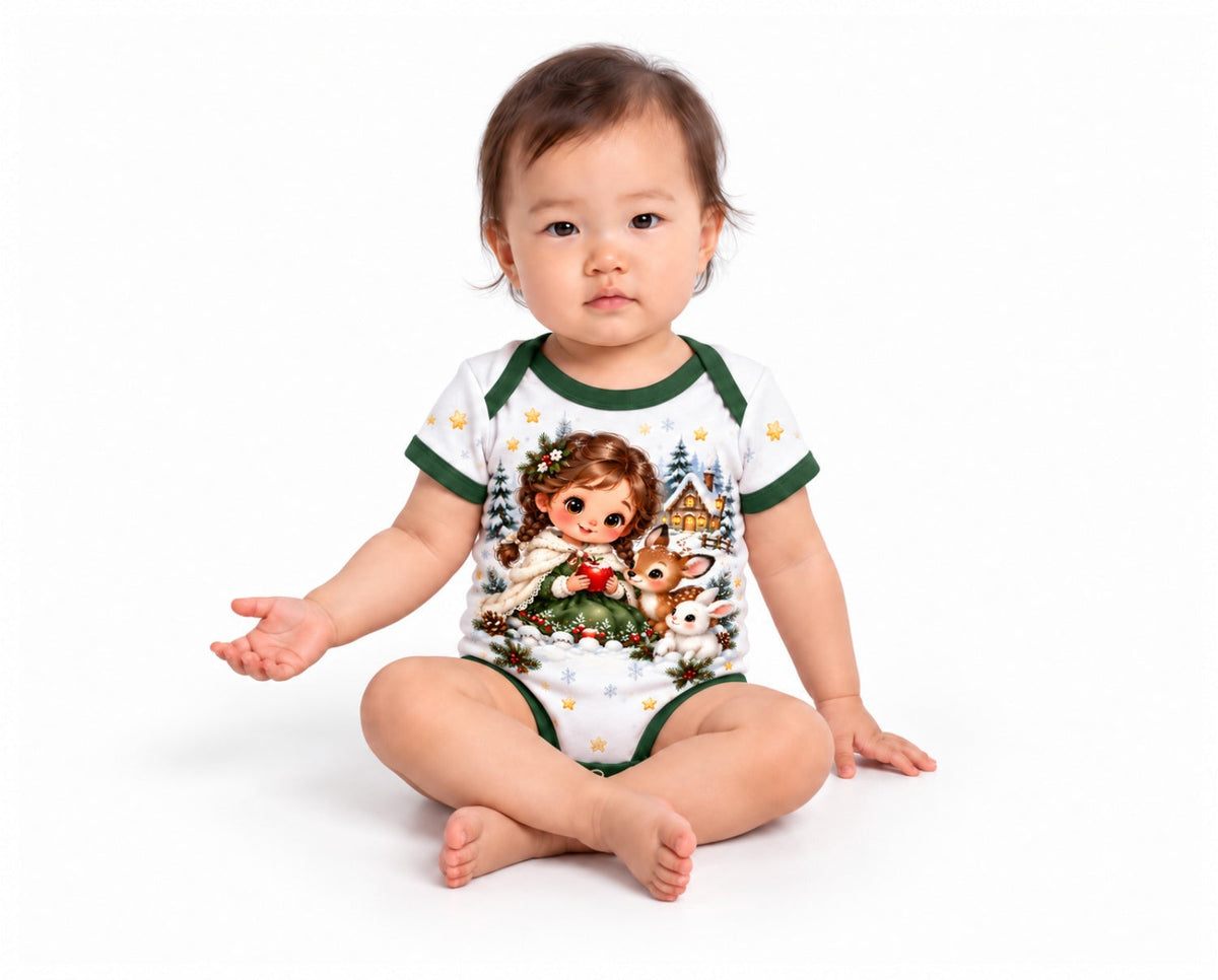 Schneewittchens Winterwald Weihnachts Baby Body inkl. Name (Druck) – Am Baby, Vorderseite