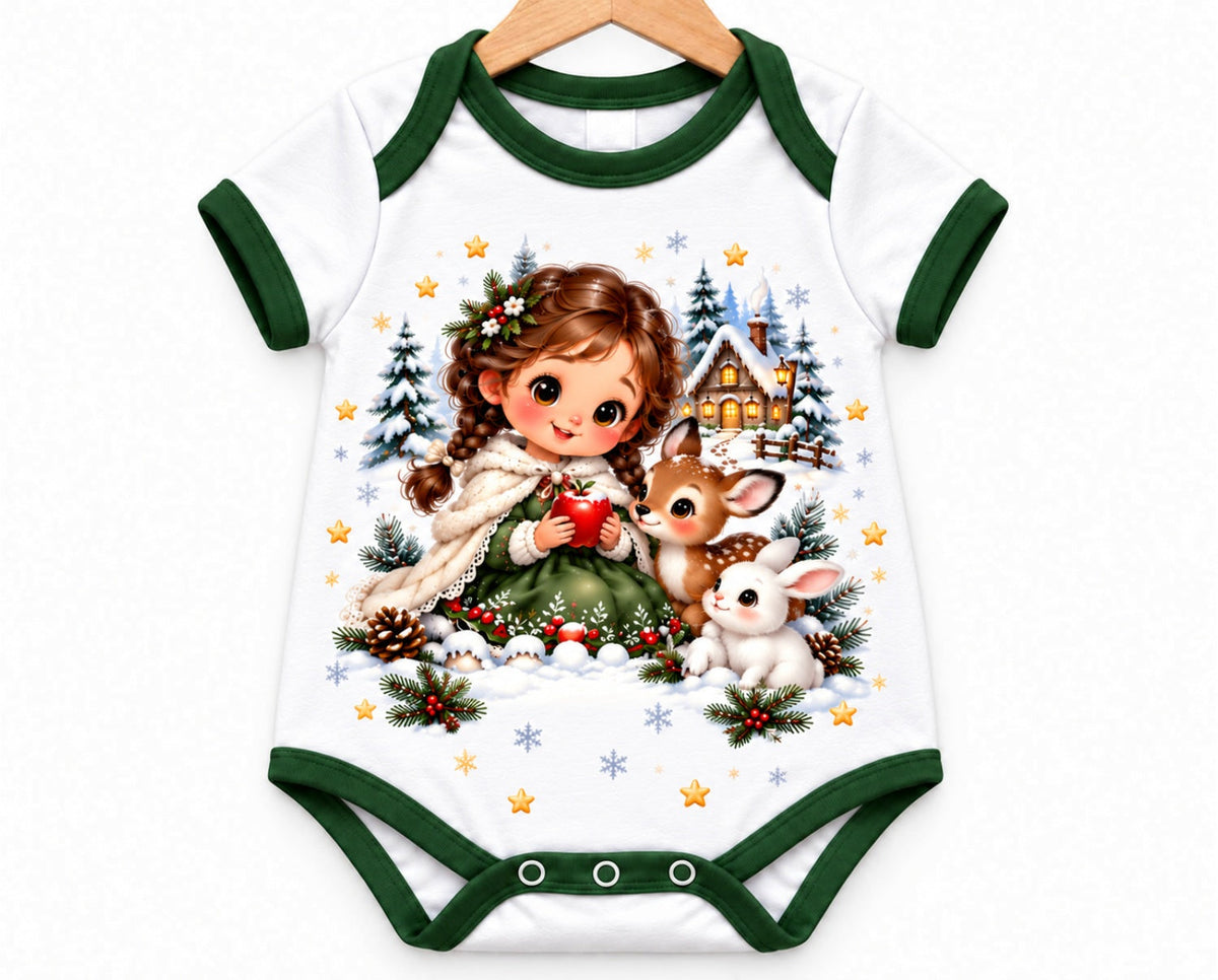 Schneewittchens Winterwald Weihnachts Baby Body inkl. Name (Druck) – Am Bügel, Vorderseite