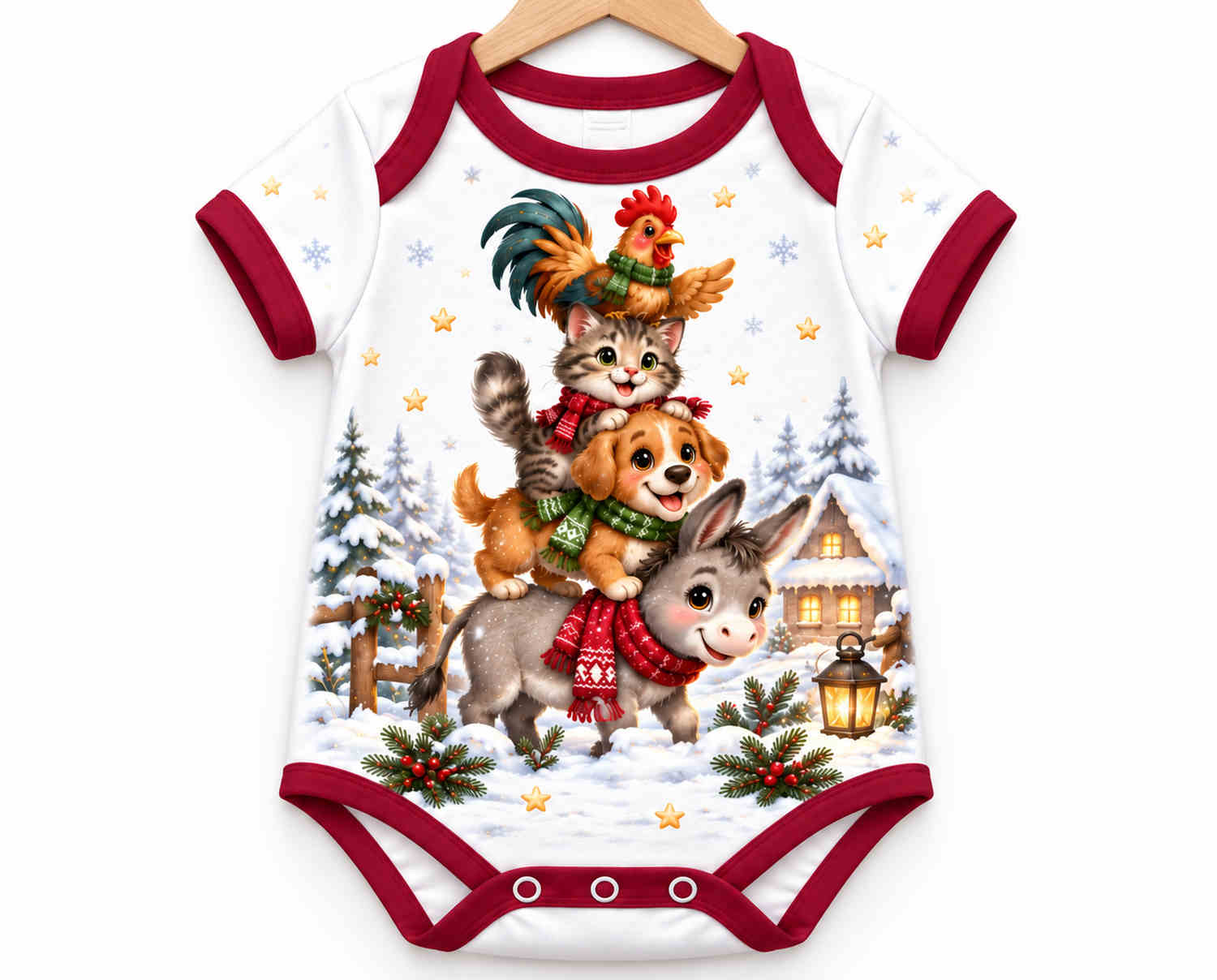 Vier Freunde im Winterwald Weihnachts Baby Body inkl. Name (Druck)