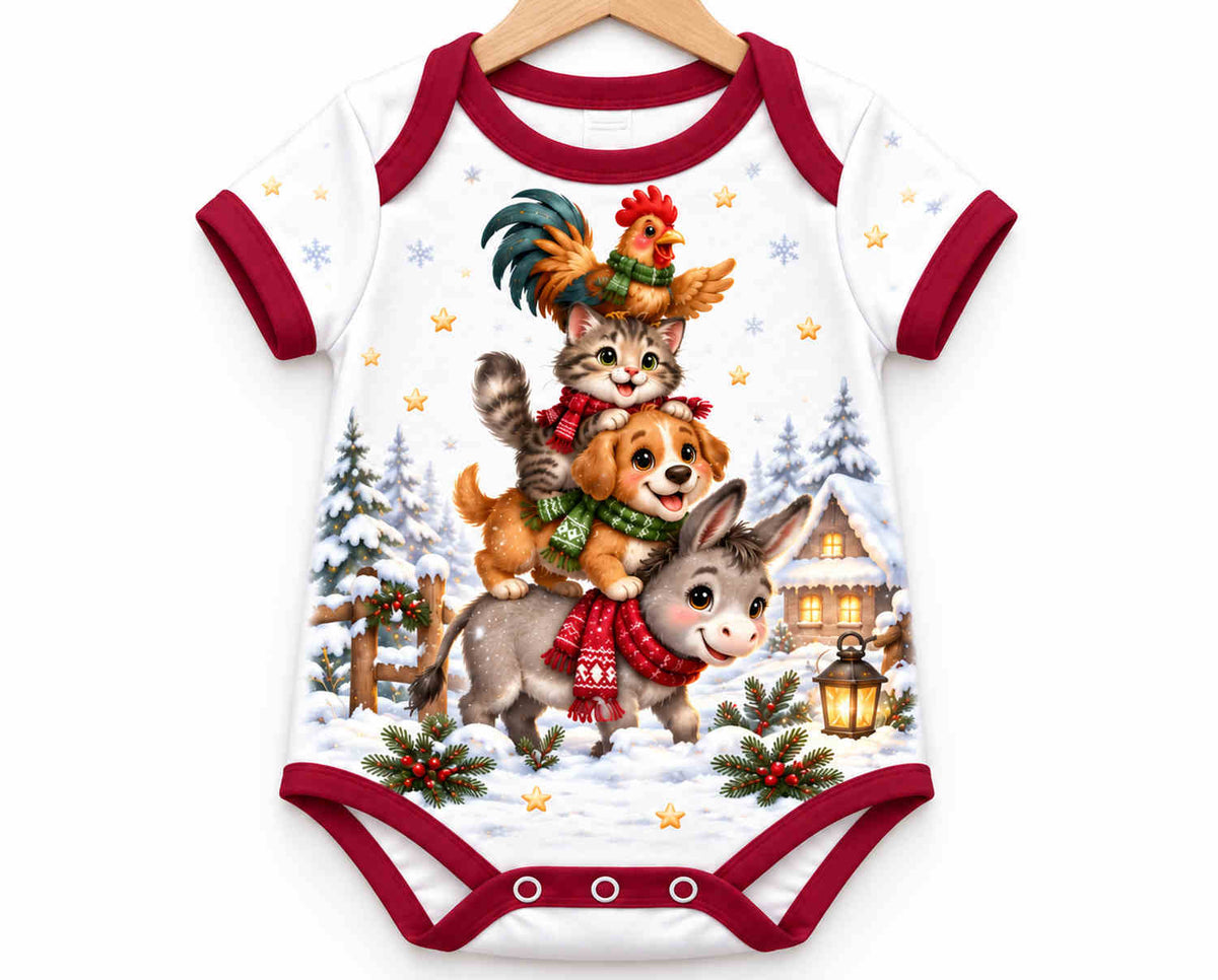 Vier Freunde im Winterwald Weihnachts Baby Body inkl. Name (Druck)