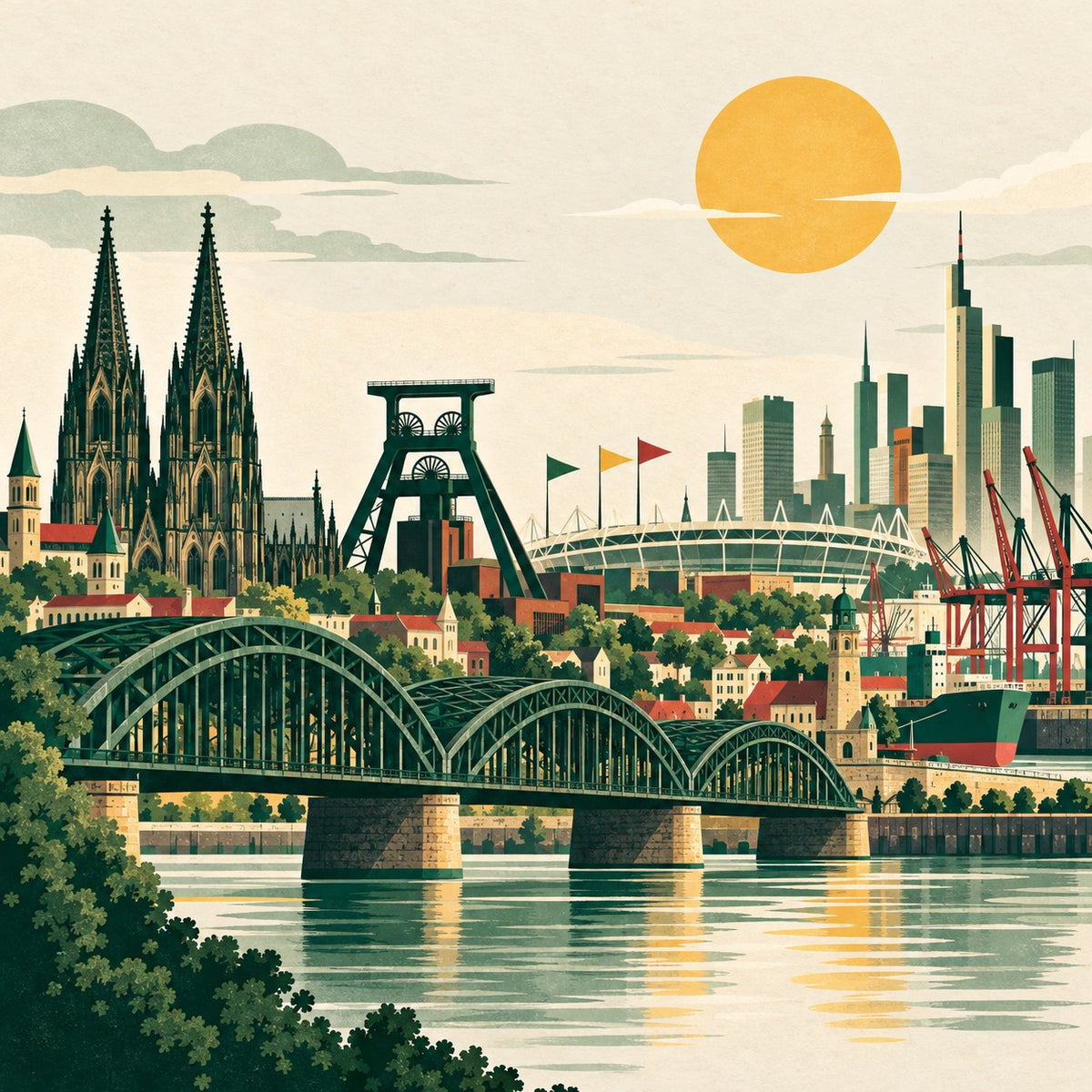Gemeinsame Illustration aus Stadtmotiven, Flüssen, Hafen und Revier