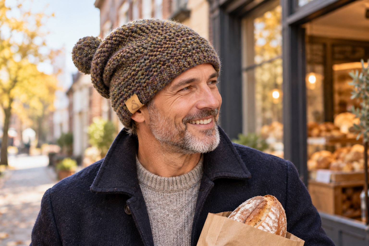 Mann trägt die oliv melierte Parklane mit kleinem Wollbommel und hält frisches Brot vor einer Bäckerei.