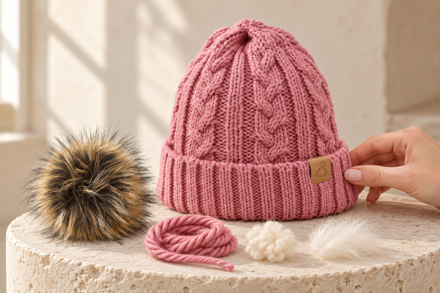 Hali in Rosa mit Garn und Fasern auf einem niedrigen Steinsockel; der Kunstfellbommel Basic liegt separat daneben.