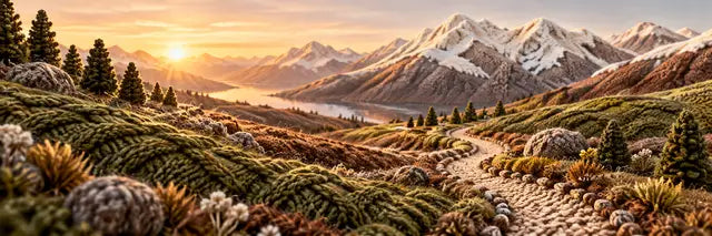 Wärmende Stricklandschaft mit Bergen und Wintermorgenlicht