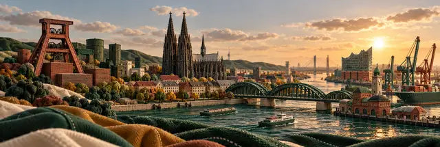 Textile Stadtlandschaft mit Förderturm, Kölner Dom und Hamburger Hafen