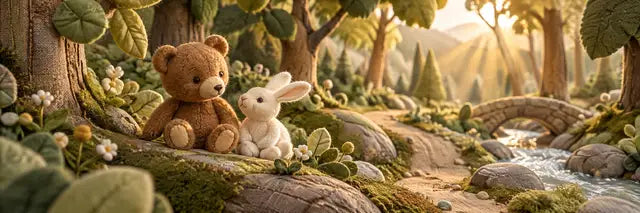 Fantasievolle Waldgeschichte aus Filz mit Bär und Hase