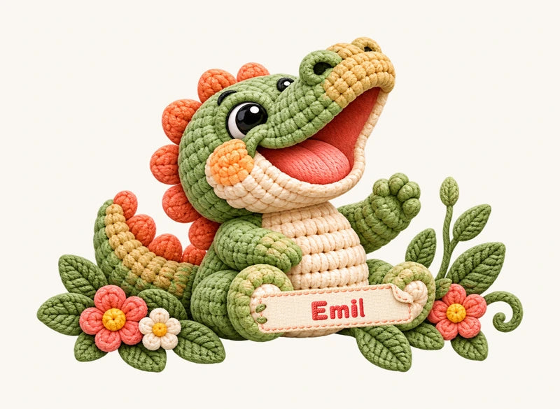Emil auf dem Stofffähnchen des Krokodils