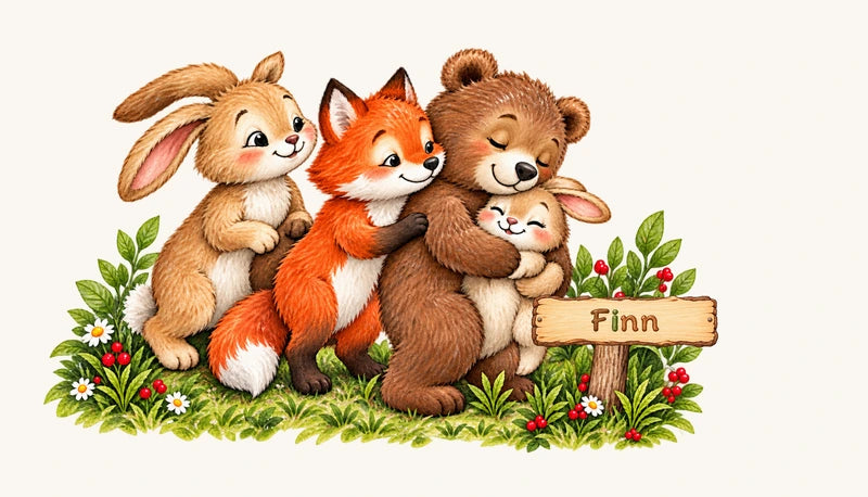 Finn auf dem Holzschild neben den Tieren