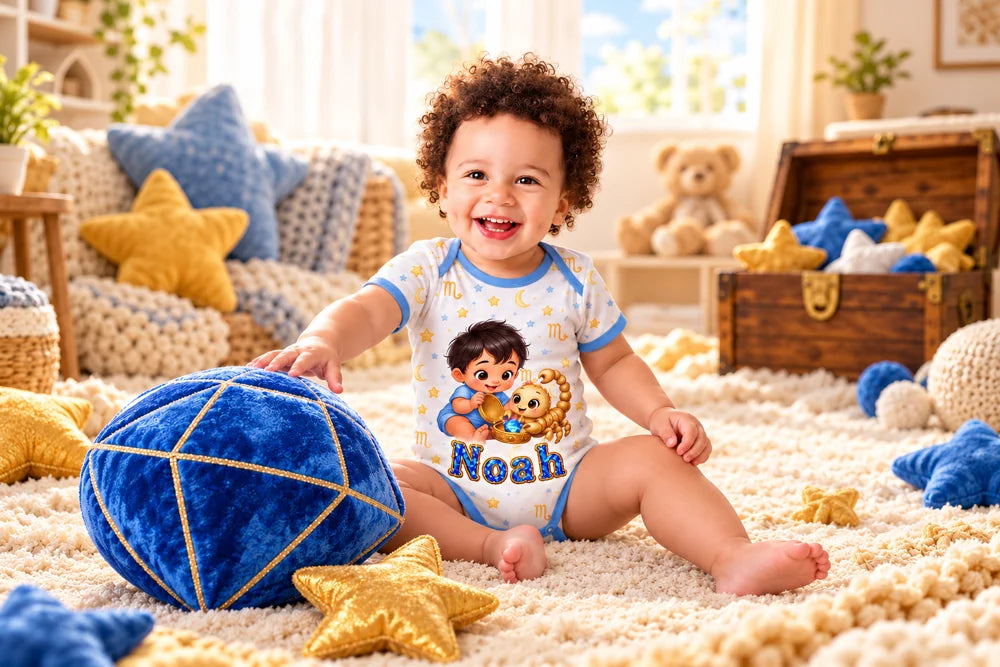 Baby im Skorpion-Babybody mit dem Namen Noah in blau-goldener Motivschrift, umgeben von Sternkissen und einer Schatzkarte.