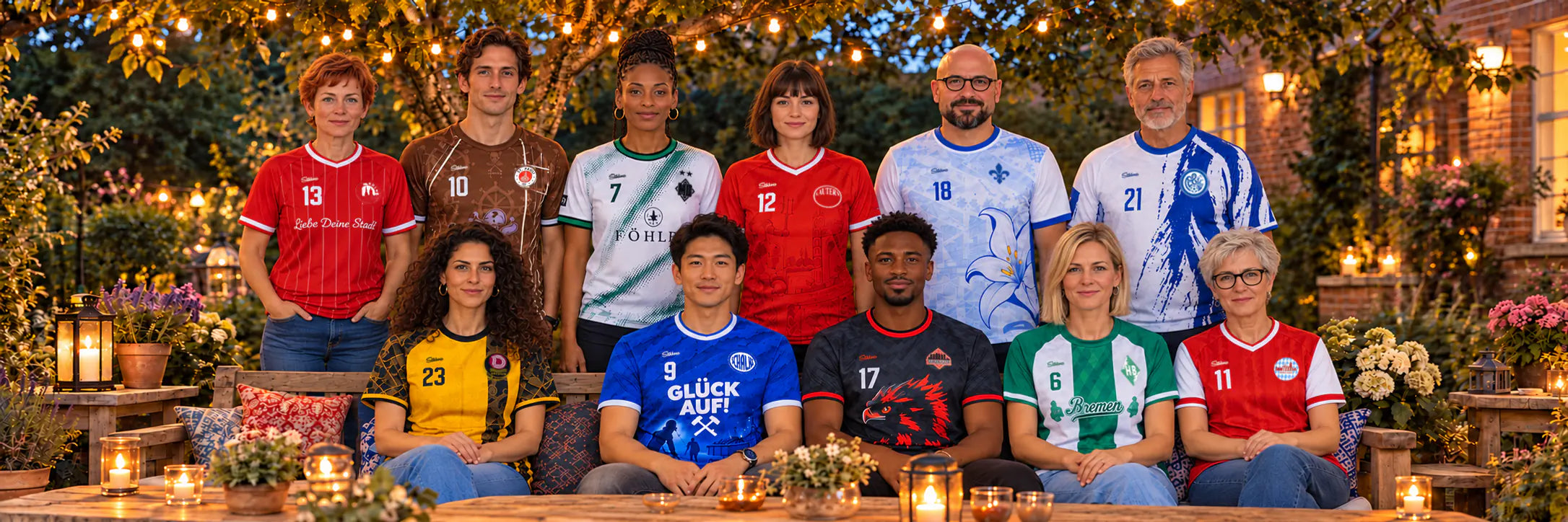 Elf Freunde im Lichtergarten mit personalisierten Fantrikots aus elf verschiedenen Städten, alle mit Blick zur Kamera.