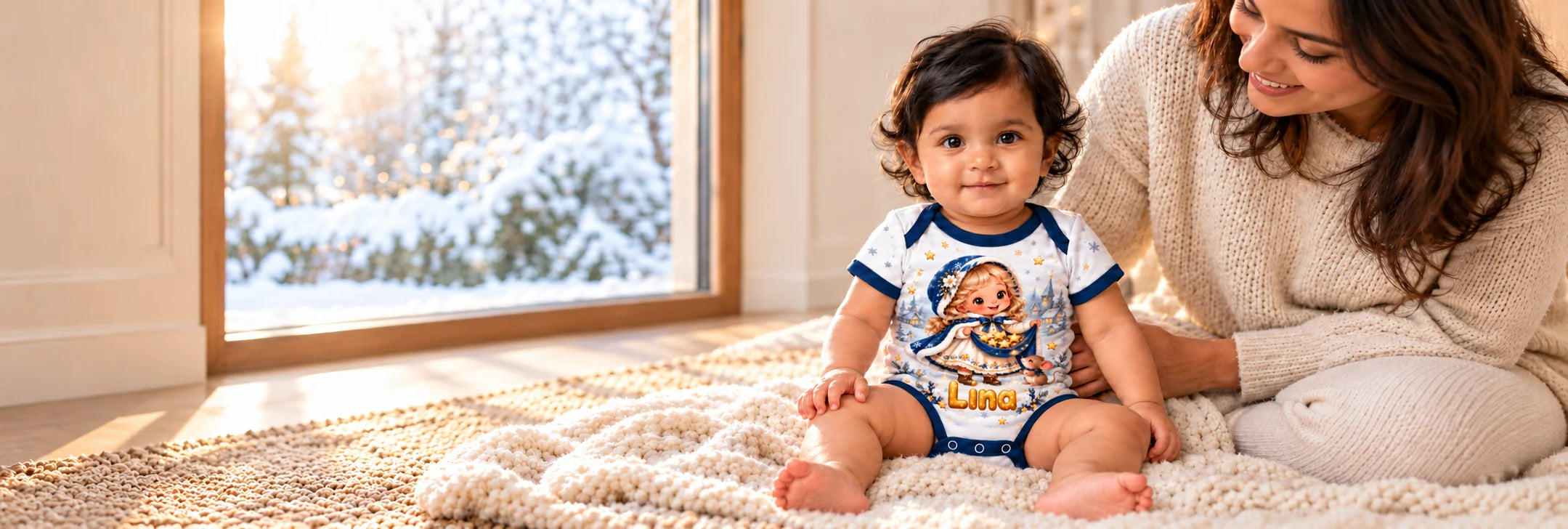 Baby im aktuellen personalisierten Sternenregen-im-Winterlicht-Body am Winterfenster